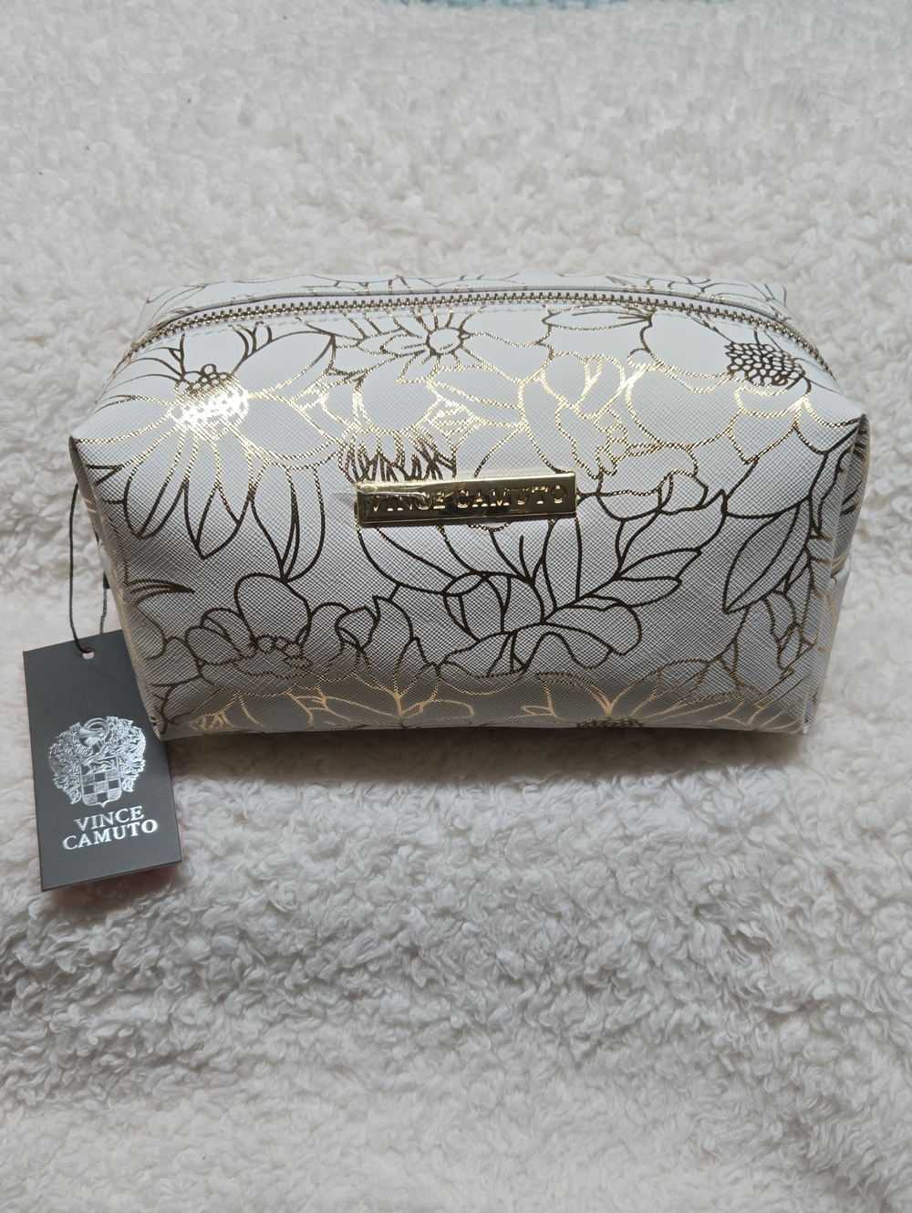 Vince Camuto White Cosmetic Bag with Gold Floral Accents